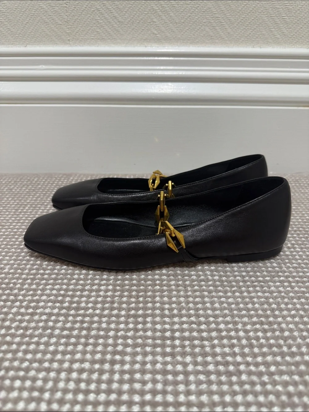 Jimmy Choo Black Leather Flats with Gold Chain Accent